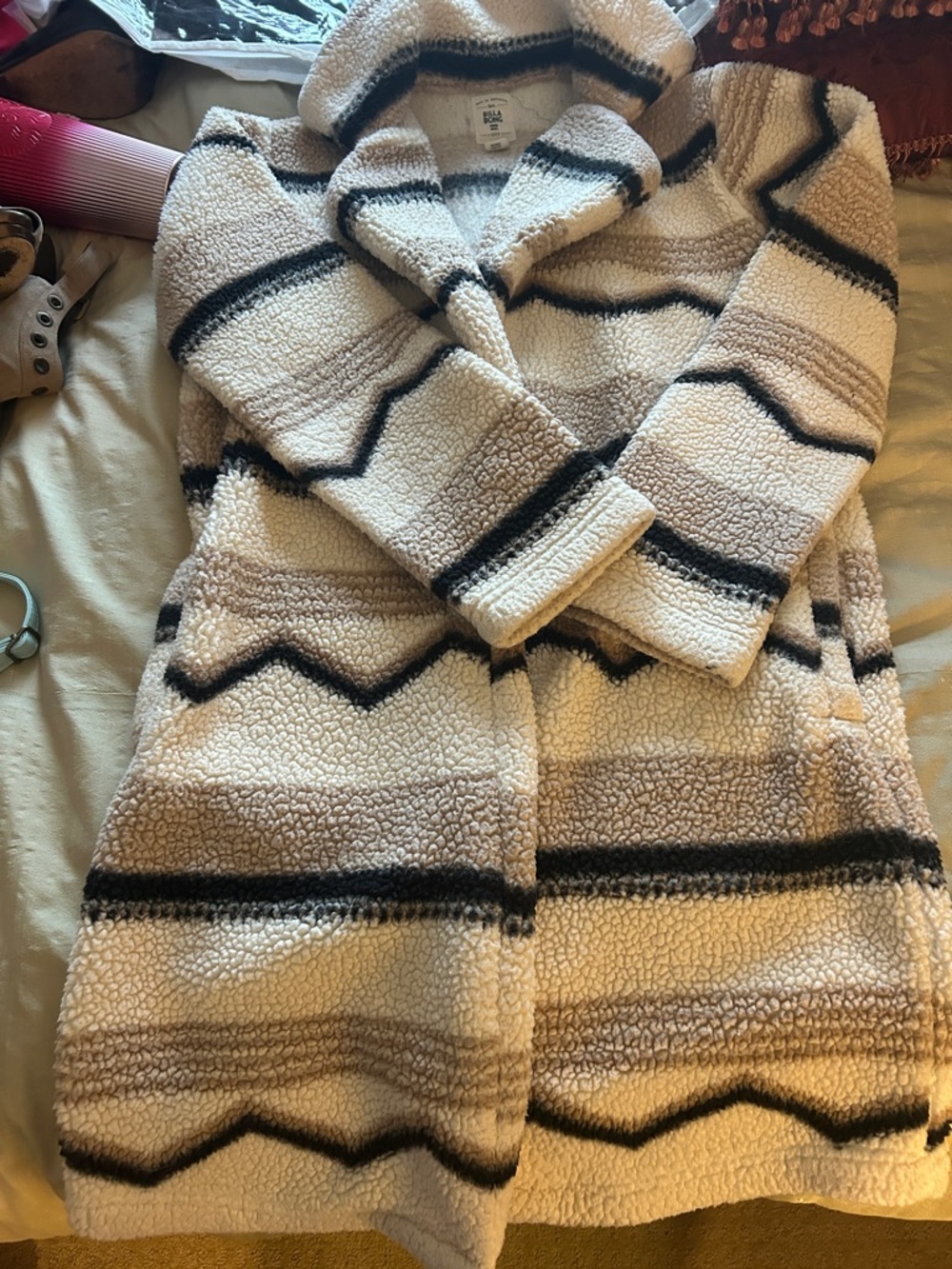 Billabong Cream Sherpa Coat with Black Stripe Pattern